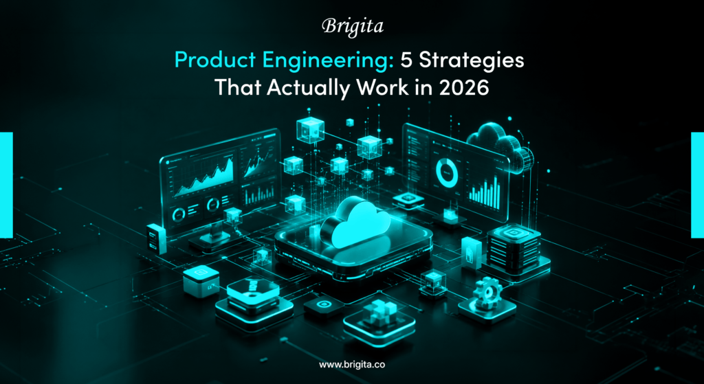 Modern product engineering strategy workflow showing AI-driven development, scalable architecture, and agile processes for 2026 by Brigita