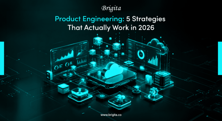 Modern product engineering strategy workflow showing AI-driven development, scalable architecture, and agile processes for 2026 by Brigita