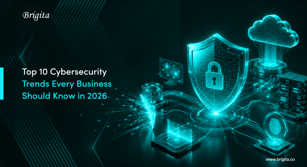 Top 10 cybersecurity trends for businesses in 2026 including AI security, Zero Trust, cloud security, and ransomware protection by Brigita.