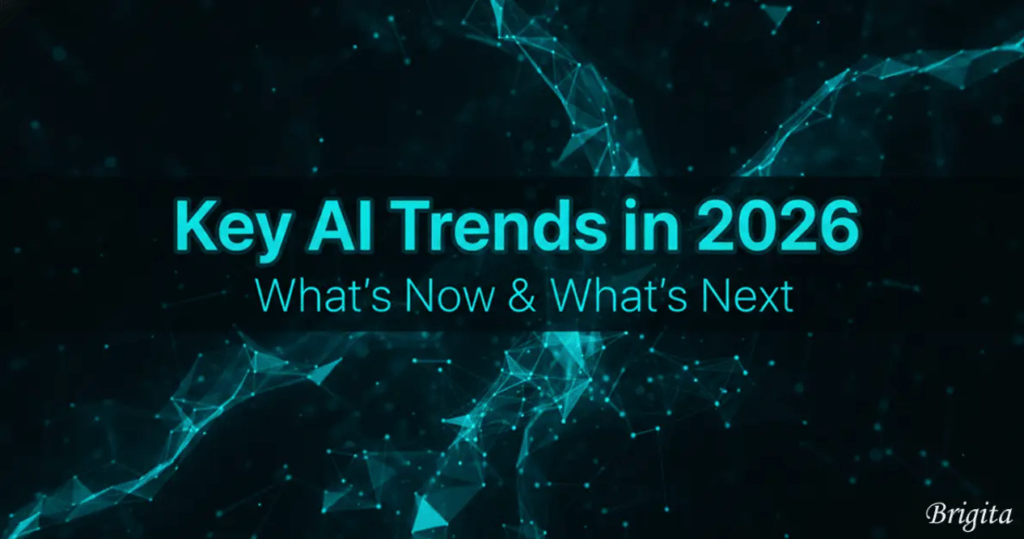 Brigita Key AI Trends in 2026 featuring Generative AI, Agentic AI, AI Automation, and future business innovation.