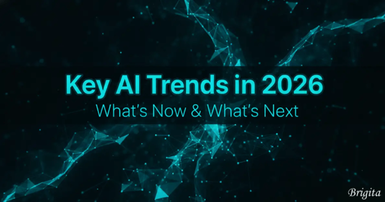 Brigita Key AI Trends in 2026 featuring Generative AI, Agentic AI, AI Automation, and future business innovation.